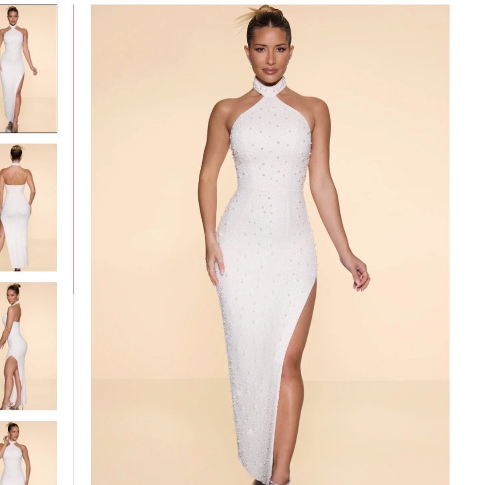 POSITANO  Embellished High Neck Split Maxi Dress in Ivory